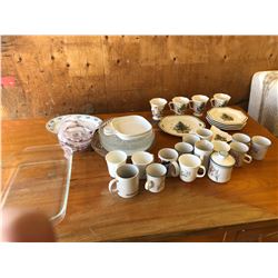 4 PLASTIC BOWLS + SERVNG TREY + ASSORTIED CUPS + PLATES + SUGAR BOWL + ETC