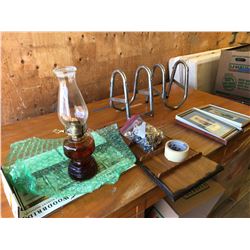 2 PICTURES + FRAMES + 2 METAL STANDS + SPOON RACK W/ SPOONS + ETC