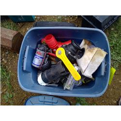 TOTE OF PLUMBING ITEMS, BALL VALVE, FITTINGS, PUMP, ECT.