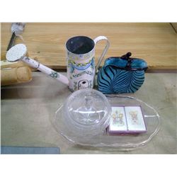 DECORATIVE LOT, WATERING CAN, CANDY DISH, SERVING TRAY, CARDS, ECT.