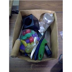 BOX OF KNIVES, REUSABLE ICE CUBES, SUGAR CONTAINER.