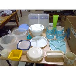 LOT OF TUPPERWARE BOWLS,CONTAINERS,CUPS,WATER BOTTLES (RUBBERMAID) AND ONE SALAD SPINNER