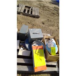 PALLET OF METAL FILE BOXES, COLEMAN COOLER, KITCHENWARE AND PROPANE STOVE TOP.