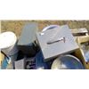 Image 4 : PALLET OF METAL FILE BOXES, COLEMAN COOLER, KITCHENWARE AND PROPANE STOVE TOP.
