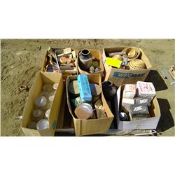 PALLET OF JARS, CROCKS, WICKER ITEMS, ECT.