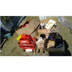 PALLET OF COKE CRATES, DESK LAMPS, ECT.