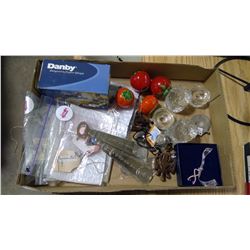 BOX OF MISC JEWELERY, BOTTLE OPENERS, S+P SHAKERS, ETC.