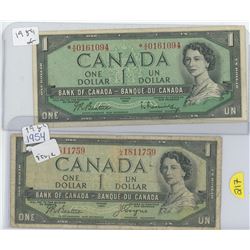 2 1954 Canadian 1 Dollar bills, 1 Devil's Face
