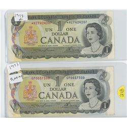 2 1973 Canadian $1 Dollar Bills (one has * serial #)