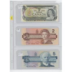 1973 Canadian 1 dollar, 1986 Canadian 2 dollar & 1986 Canadian 5 dollar