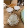 Image 4 : 3 SERVING TRAYS + BOX OF TEA CUPS/SAUCERS + 2 DINNER BELLS