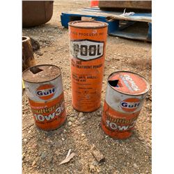3 EMPTY OIL CANS 2 GULF 1 POOL