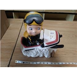 1992 Melfort, SK painted ceramic snowmobiler 12" H x 12" W x 7" W