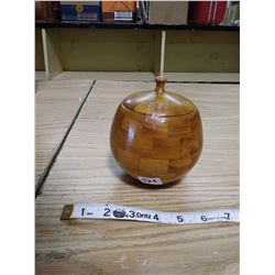 1983 artisan custom craft wood lathe turned laminated lidded fancy container, 5" H