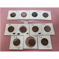1910-1920 1 cent (large cent), 11 total