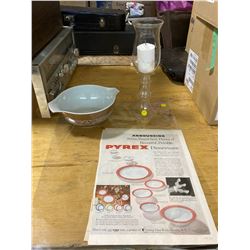 2 1950'S ORIGINAL PYREX ADS 10X13 + PYREX HURRICANE CANDLE HOLDER 12" TALL + PYREX BOWL