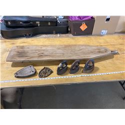 IRONING BOARD 3FT 10"IN AND 3 SAD IRONS + TRIVETS