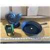 Image 1 : CAST IRON LOT- PAN + HEAVY DOOR STOP + BANK WITH MONEY