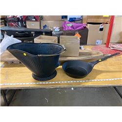 2 BLACK METAL ITEMS COAL BUCKET AND FRY PAN