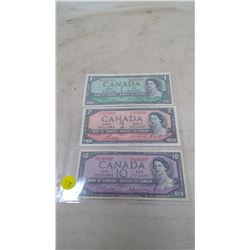 Vintage Canadian Bills 1,2,10 Dollars