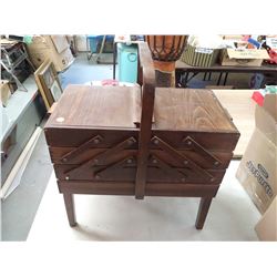 SEWING BASKET WITH SEWING THREAD, BUTTONS, NEEDLES + BOX OF CROSS STICH THREAD