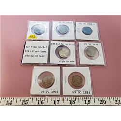 5 AMERICAN BUFFALO NICKLES VARIOUS DATES, 1 1943 AMERICAN NICKLE