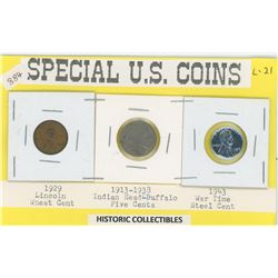 Special U.S. coins: 1929 Lincoln one cent, Indian Head Buffalo 5 cent and 1943 emergency issue steel