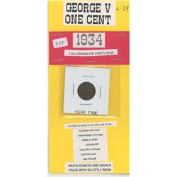 1934 George V one cent Very Fine condition