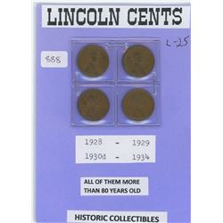 U.S. Lincoln one cent 1928, 1929, 1930d and 1934 - all more than 80 years old
