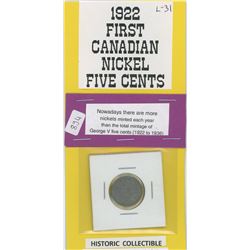 1922 First Year of Issue for the Canadian Nickel 5 cent