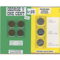 Four George V one cent and Three seldom seen 5 cent