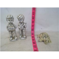 2 Figurines Holding Musical Instruments, and Turtle.