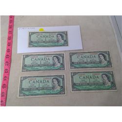 Set of 5 - 1954 $1 Bills