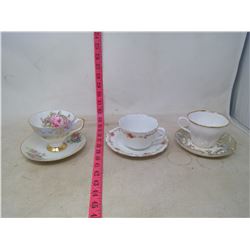 3 China Cups and Saucers