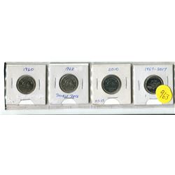 1960, 1962 Dbl Date, 2010, 2015L, all MS-63 Five Cent Coins
