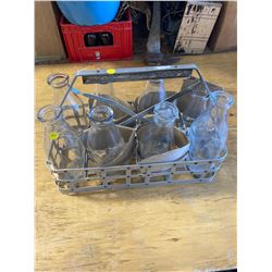 VINTAGE METAL MILK BOTTLE CARRIER WITH 7 QUART BOTTLES AND 1 PINT