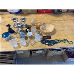 BOX OF MISCELLANEOUS CANDLE HOLDER SAND INCENSE OIL BURNERS + WICKER BASKET