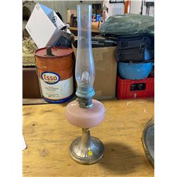 1 ANTIQUE NAPHTHA LAMP 26  TALL PINK RESERVOIR AND METAL BASE