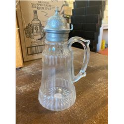 ANTIQUE GLASS SYRYP HOLDER WITH PEWTER LID