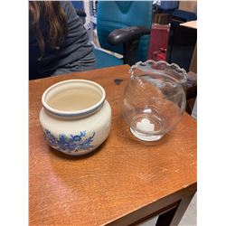 2 VASES ONE CLEAR ANCHOR HOCKING AND ONE WITH BLUE TRIM AND FLOWERS