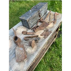 METAL TOOL BOX + VINTAGE TOOLS, GRUB HOE, ECT