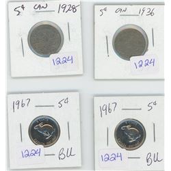 2 1967 5 CENT W/RABBIT + 1928+1936 CANADIAN 5 CENT