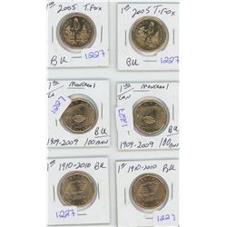 2 2005 TERRY FOX 1$ + 1909-2009 MONTREAL 1$ + 2 SASKATCHEWAN ROUGH RIDER COINS 1$
