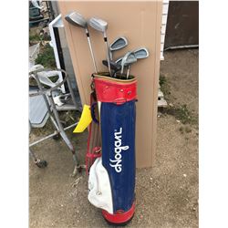 GOLF CLUBS AND CARRIER RED WHITE AND BLUE
