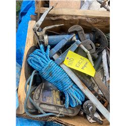 BOX OF ROPE, C CLAMPS, STEEL CUTTING DISC, OIL CANISTER
