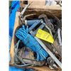 Image 1 : BOX OF ROPE, C CLAMPS, STEEL CUTTING DISC, OIL CANISTER