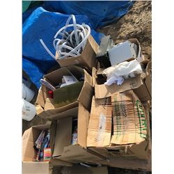 PALLET OF SPEAKERS, VHS, CD PLAYER, BOX OF HOSE, GLASSES, DOLLOR STORE ITEMS.