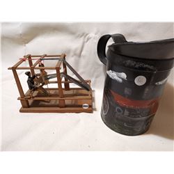1/2 GALLON PAINTED OIL CAN & WOOL MAKING DISPLAY