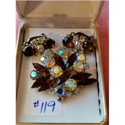 Smokey Rhinestone broach and clip earrings