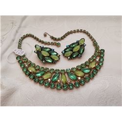 Green Rhinestone necklace and clip earrings
